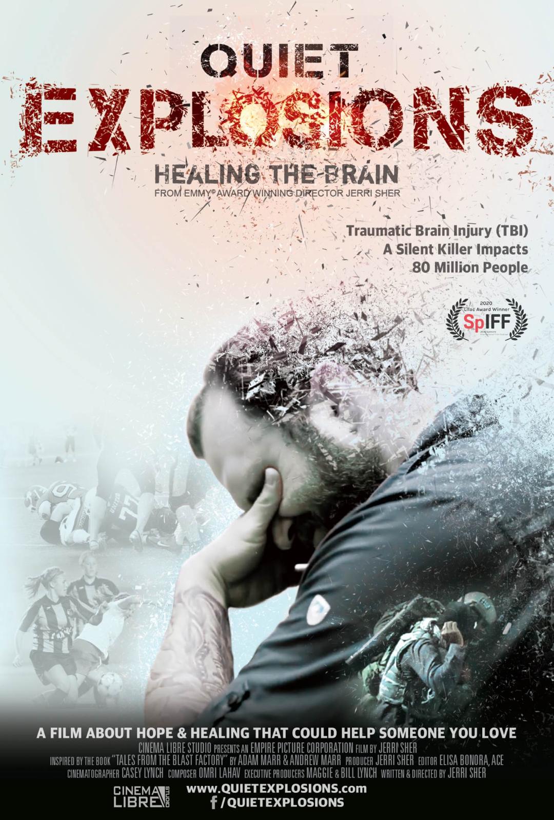 Quiet Explosions Healing The Brain movie poster with a man in pain. 
